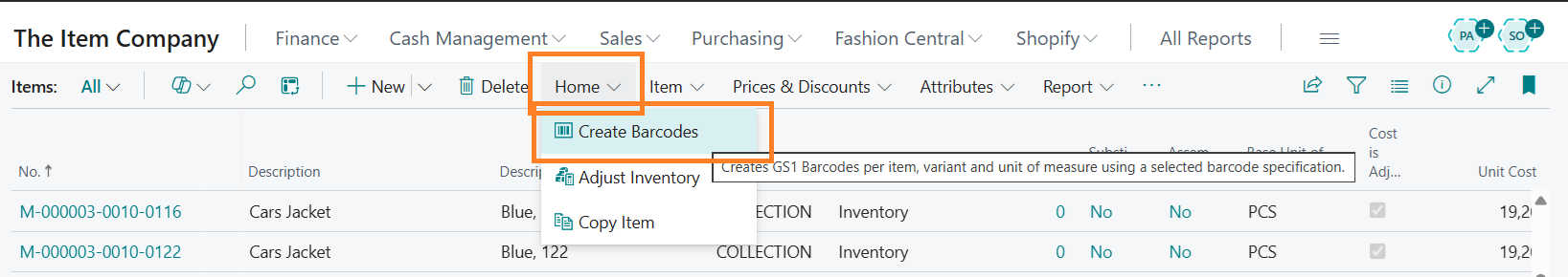 CBM04 Create Bar Codes List page