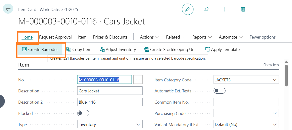 CBM05 Create Bar Codes Item page